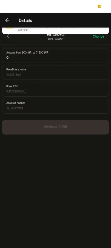 withdrawal section of Parimatch