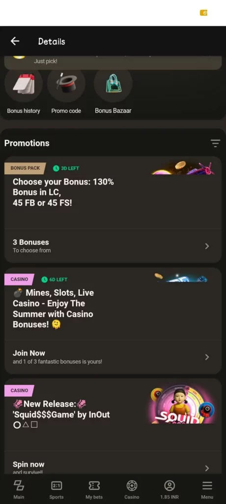 Promo Section of Parimatch