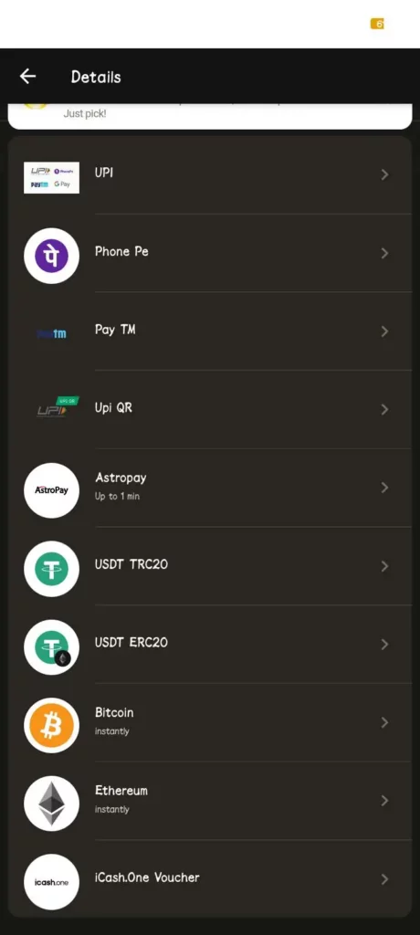 Payment options at Parimatch