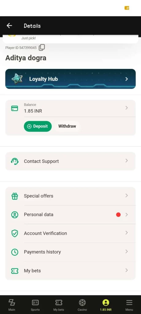 My Account on Parimatch