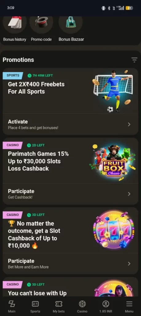 Parimatch's Bonus Section