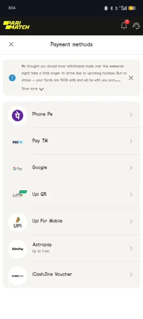 Parimatch's Payment Methods