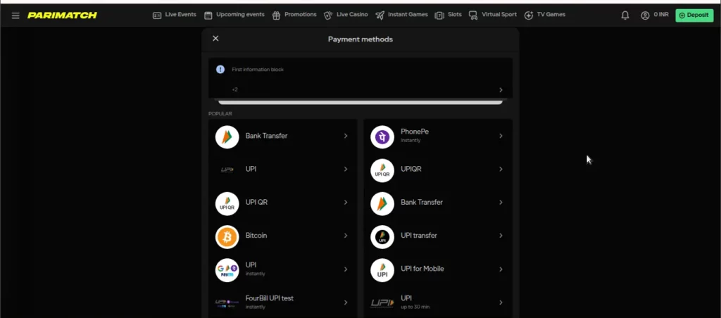 Parimatch Payment Methods