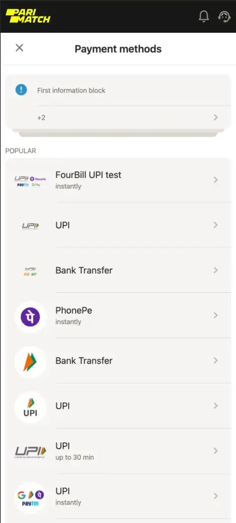 Parimatch Deposit Option