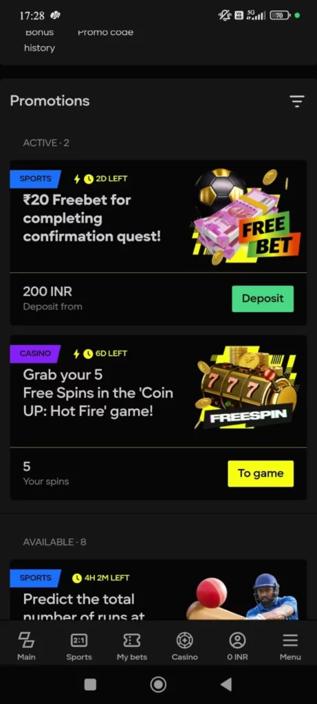 Parimatch Bonus Section