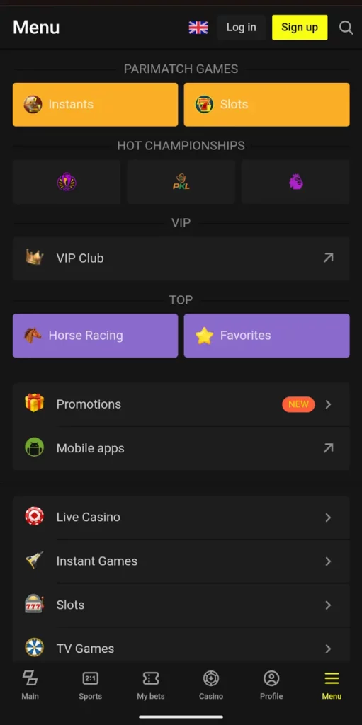 Parimatch Games App Menu