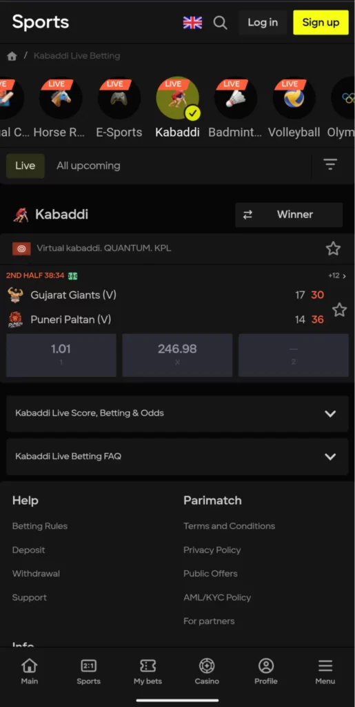 Parimatch Live Kabbadi Sports Betting