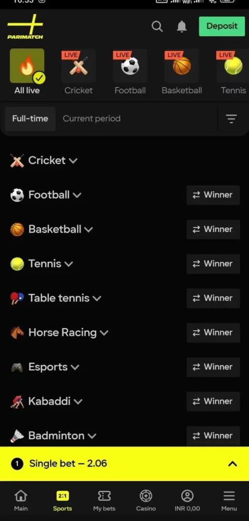 Parimatch live betting options