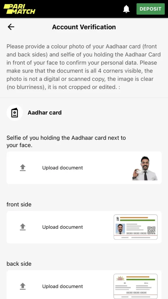 KYC verification Parimatch app